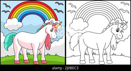 Unicorn Standing Under The Rainbow Coloring Page Stock Vector Image ...