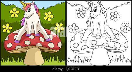 Unicorn Sitting On A Mushroom Coloring Page  Stock Vector
