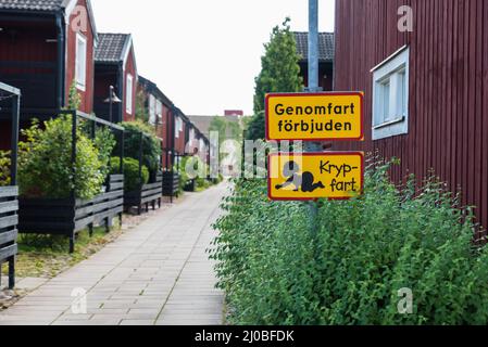 Falun, Dalarna - Sweden - 08 05 2019: Street sign indicating a slow street where pedstrians have priority Stock Photo