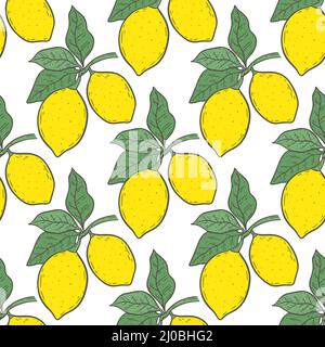 Yellow lemons seamless pattern. Background bright citruses. Model fruits on branch with leaves. Template for packaging, paper and design vector illust Stock Vector