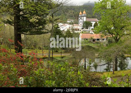 Park Terra Nostra and village of Furnas, Sao Miguel, Azores Stock Photo