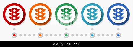 Traffic lights concept vector icon set, flat design colorful buttons, infographic template in 5 color options Stock Vector