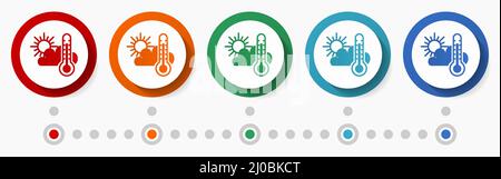 Weather forecast concept vector icon set, flat design colorful buttons, infographic template in 5 color options Stock Vector