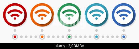 Wifi, communication concept vector icon set, flat design colorful buttons, infographic template in 5 color options Stock Vector