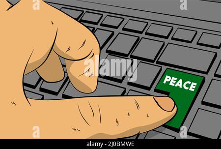 Peace word on computer keyboard. Man push keypad on laptop. Comic book style concept. Stock Vector