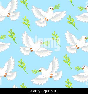 Seamless pattern with cute cartoon flying white dove bird with a twig of a plant in its beak. Cute pigeons of peace on blue background. Cartoon draw d Stock Vector