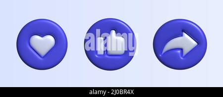 Social media 3d icons. Like and share button. 3d vector. Thumb up 3d. Stock Vector