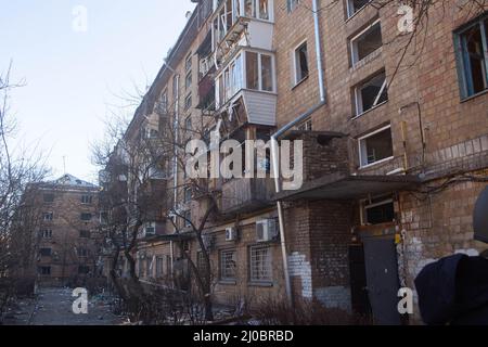 Kiev Podil district with habitants forced from the premises by blast of Russian missile,smashing the windows out in 1950-s -1960-s housing projects Stock Photo