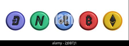 Crypto currency logo set. 3d vector. Crypto currency 3d icon. Monero logo. Ethernium logo. Bitcoin logo.  Stock Vector