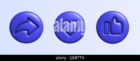 Social media 3d icons. Like and share button. 3d vector. Thumb up 3d. Stock Vector
