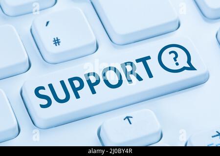 Support help contact customer service call service hotline phone blue computer keyboard Stock Photo