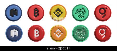 Crypto currency logo set. 3d vector. Crypto currency 3d icon. Dash logo. Bitcoin logo.  Stock Vector