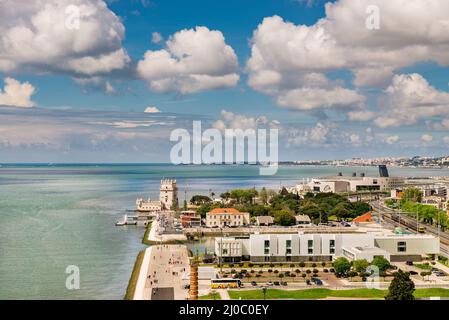 Aerial view of Belem Tower on the Tagus River, Lisbon Stock Photo