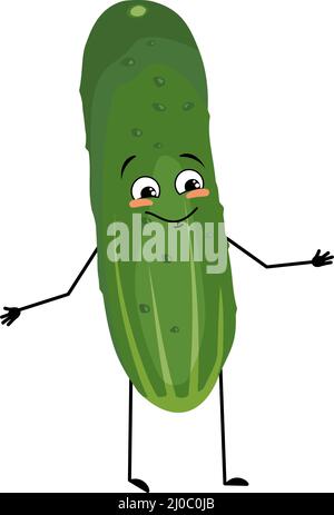 Cucumber character with happy emotion, joyful face, smile eyes, arms and legs. Person with expression, green vegetable or emoticon. Vector flat illustration Stock Vector