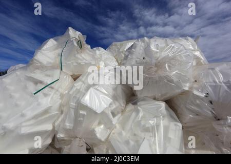 Styrophorabfälle in Säcken auf einem Recyclingbetrieb  /  Styrophoric waste in bags at a recycling plant Stock Photo