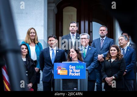 State Assembly Democrats introduce a proposal for a $400 gas rebate, during a press conference at the California State Capitol in Sacramento, Calif. on Thursday, March 17, 2022. (Photo by Rahul Lal/Sipa USA) Stock Photo