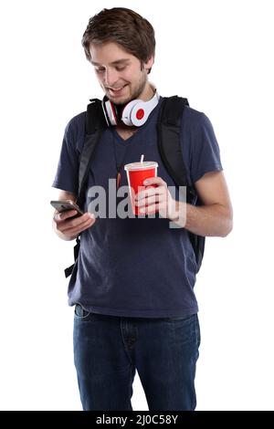 Student with cell phone smartphone cola drink young man young teenager exemplar Stock Photo