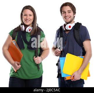 Students young couple man woman young laughing teenager exemption Stock Photo
