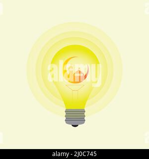 Ramadhan Light Bulb with cressent moon and mosque shining bright to celebrate moslem spiritual event in flat style vector. best for flyer, background, Stock Vector