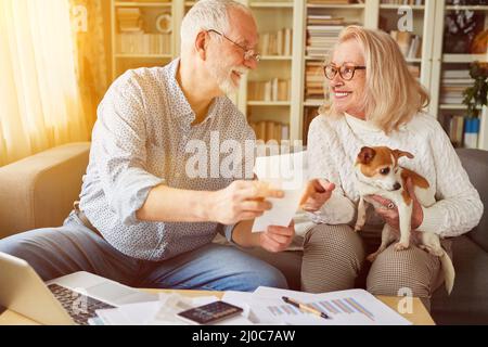 Two seniors with a dog sort receipts for accounting at home Stock Photo