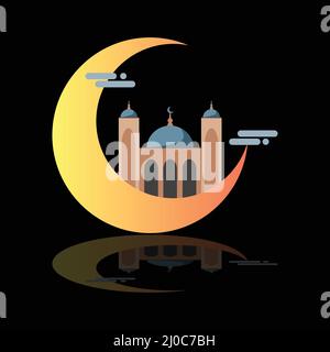 Crescent Moon with Mosque, Clouds, and Reflection below flat style clipart. best used to create poster, flyer and other event design Stock Vector