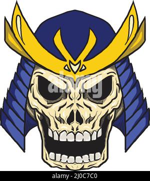 Samurai skull cartoon stryle in blue kabuto hat and slight golden ornamen on it's horn smiling in anggry expression towards enemy. Stock Vector