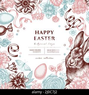 Easter hand drawn illustration design. Background with vintage rabbit, eggs, willow branches, etc. Stock Vector