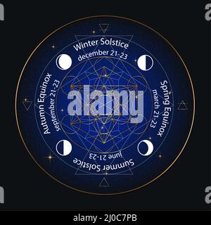 solstice and equinox circle stylized as linear geometrical design with white and gold thin lines on night sky background with dates and names Stock Vector