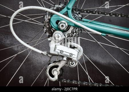 Close up of the derailleur of a vintage seventies light blue racing bicycle Stock Photo