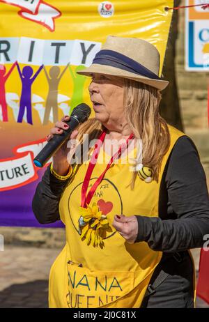 Anti-Fracking Nanas in Blackpool, UK. 18th Mar, 2022. Tina Rothery Protests campaigns anti-government groups in Blackpool, Lancashire. 18 March 2022; Boris Johnson will return to Blackpool Winter Gardens, for the Conservative Party's Spring Conference. The delegates' arrival for two days of speeches and debate will be the most high-profile event at the new complex since the renovations were completed. Credit: MediaWorldImages/AlamyLiveNews Stock Photo