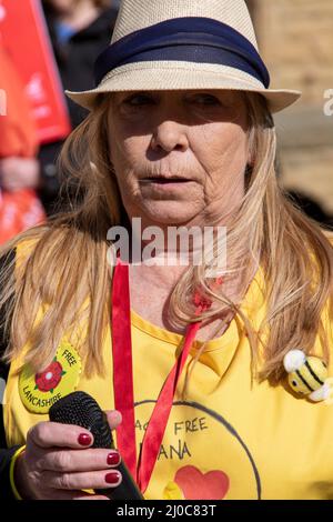 Anti-Fracking Nanas in Blackpool, UK. 18th Mar, 2022. Tina Rothery Protests campaigns anti-government groups in Blackpool, Lancashire. 18 March 2022; Boris Johnson will return to Blackpool Winter Gardens, for the Conservative Party's Spring Conference. The delegates' arrival for two days of speeches and debate will be the most high-profile event at the new complex since the renovations were completed. Credit: MediaWorldImages/AlamyLiveNews Stock Photo