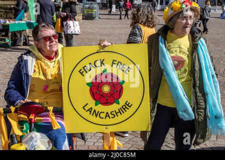 Blackpool, UK. 18th Mar, 2022. Frack Free Lancashire Protests campaigns anti-government groups in Blackpool, UK 18 March 2022; Boris Johnson will return to Blackpool Winter Gardens, for the Conservative Party's Spring Conference. The delegates' arrival for two days of speeches and debate will be the most high-profile event at the new complex since the renovations were completed. Credit: MediaWorldImages/AlamyLiveNews Stock Photo