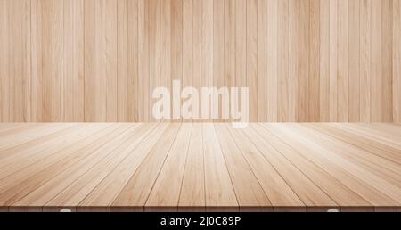 Empty wood table top on wood background for display or montage product Stock Photo