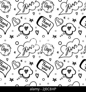 A seamless pattern of speech bubbles with dialog words, hand-drawn doodle-style elements. Hello, Love, Sorry, Love, Kiss, Bye. Vector illustration Stock Vector