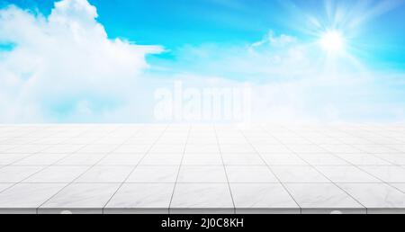 Business concept - Empty marble floor top with panoramic sky view under sunrise and morning blue bright sky for display or monta Stock Photo