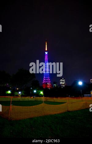 An illuminated Tokyo Tower at night wide shot Stock Photo - Alamy