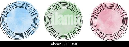 circular design element with blue, green, and red watercolor background and scrawly handdrawn circles, vector illustration Stock Vector