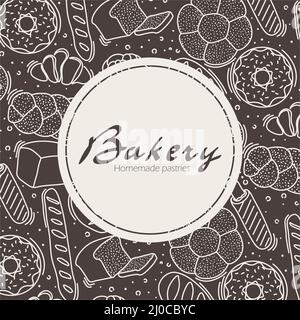 Trendy vector design for bakery or cafe.Illustrations of buns, bread,baguette, and other pastries for packaging, labels,or signage.Line art Stock Vector