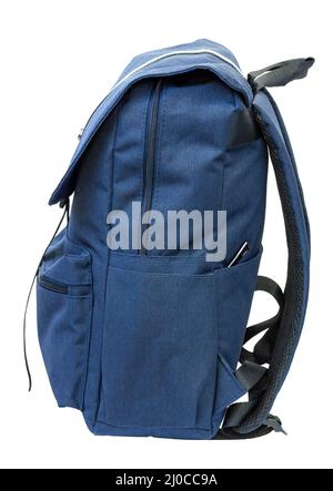 Blue backpack on a white background. Side view. Stock Photo