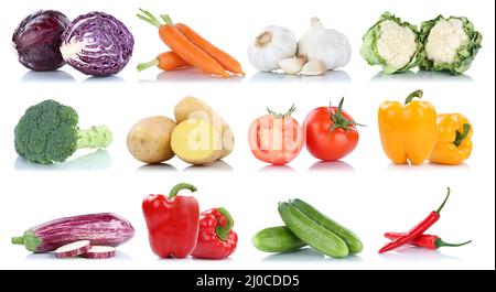 Vegetables potatoes carrots tomatoes peppers broccoli food collection exempt isolated Stock Photo