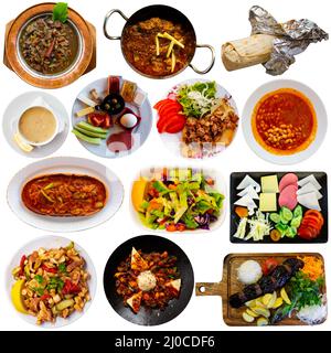 Set of various plates of Turkish cuisine isolated on white Stock Photo