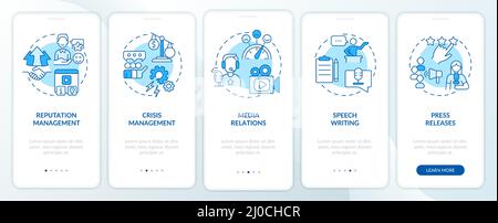 PR services types blue onboarding mobile app screen Stock Vector