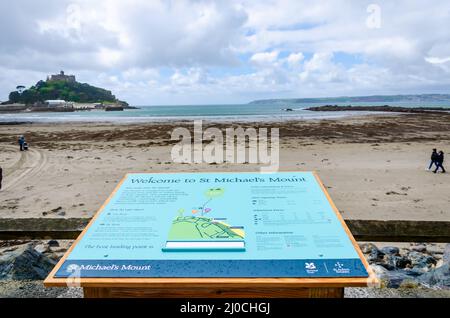 May 25th 2021 Marazion, Cornwall, England, UK - Pathway towards St. Michael's Mount, low tide, people around Stock Photo