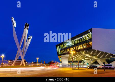 Porsche 911 Museum Stuttgart by night Germany art artwork architecture Stock Photo