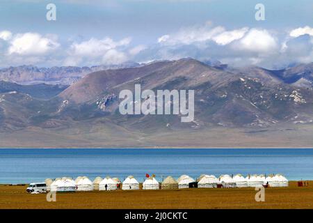 Tourist Yurt Camp at Song Kol Lake, Central Kyryzstan Stock Photo