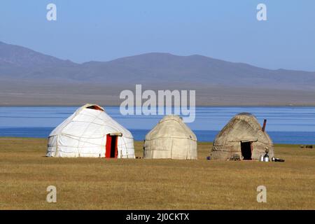 Yurt Camp at Song Kol Lake, Central Kyryzstan Stock Photo