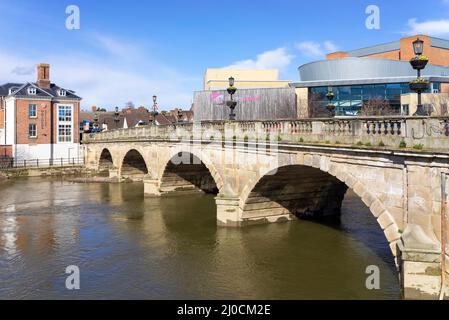 The Welsh Bridge and the Theatre Severn by the River Severn Shrewsbury Shropshire England UK GB Europe Stock Photo