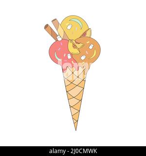 Vector illustration of an ice cream cone with colored balls, waffle rolls, peach, and sprinkles. Doodle style. Stock Vector