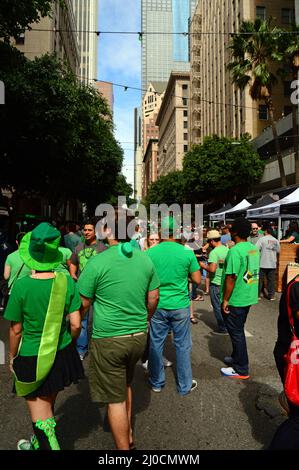 People dressed in their green best congregate in downtown Los Angeles on St Patrick’s Day Stock Photo