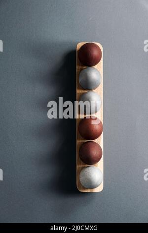 Easter greeting card with easter eggs. Easter concept composition on lue background and space for a text Stock Photo
